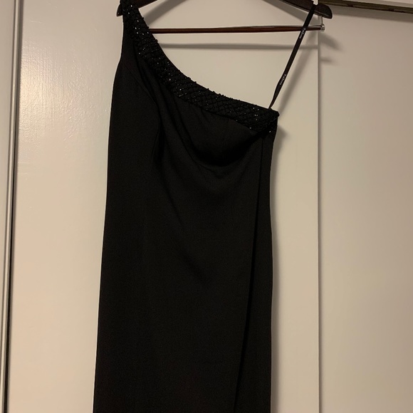 ONE SHOULDER BLACK EVENING GOWN WITH BEADED TRIM - Picture 1 of 4